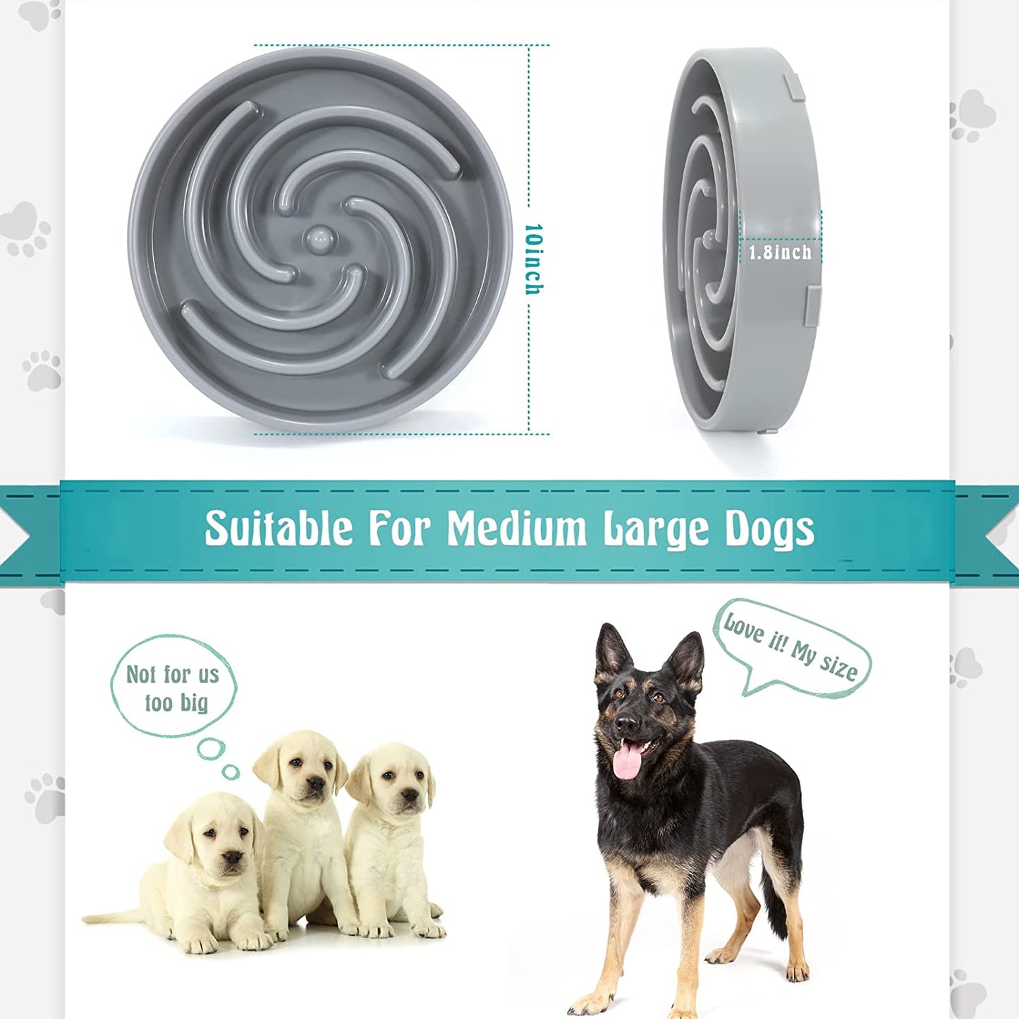 Large Non-Slip Slow Feeder Dog Bowl for Medium to Large Breeds - Interactive Maze Puzzle Design to Prevent Bloating and Choking, Light Gray