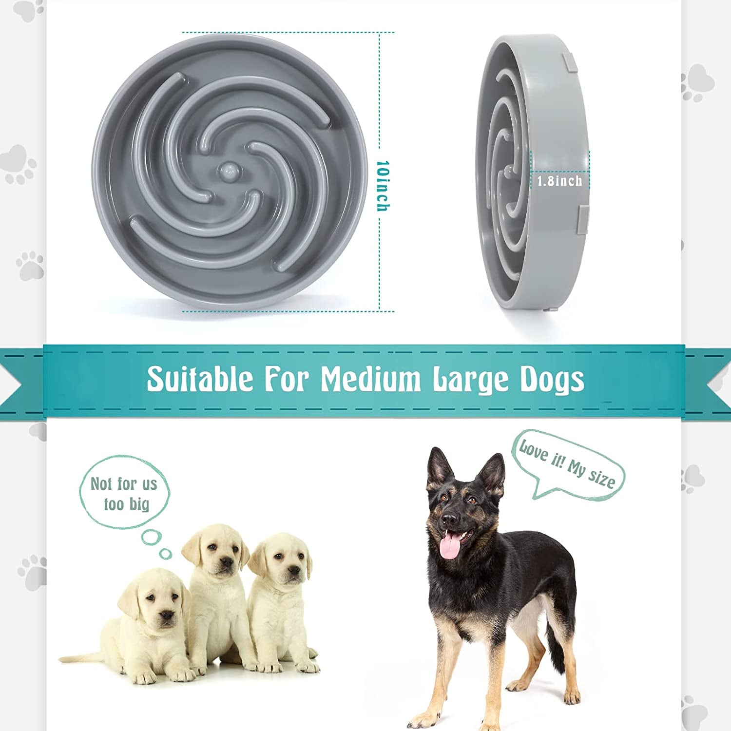 Large Non-Slip Slow Feeder Dog Bowl for Medium to Large Breeds - Interactive Maze Puzzle Design to Prevent Bloating and Choking, Light Gray