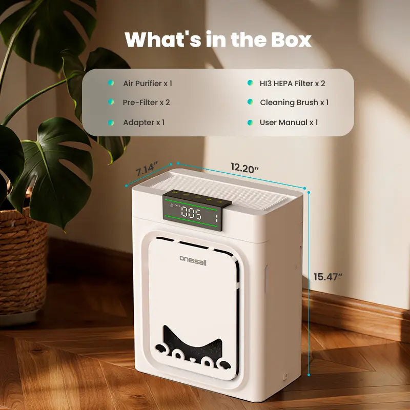 Oneisall Air Purifier for Homes with Pets, 3-in-1 Washable HEPA Filter, Dual-Sided Filter with 200G Activated Carbon, Pet-Friendly Design with Pet Lock, Allergen Relief and Odor Removal