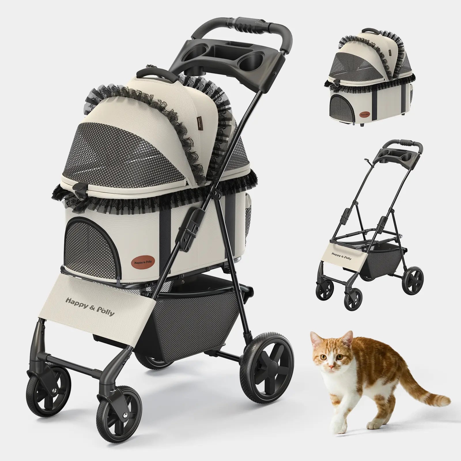 Happy & Polly Foldable Pet Stroller with Detachable Carrier - Compact & Portable for Easy Travel