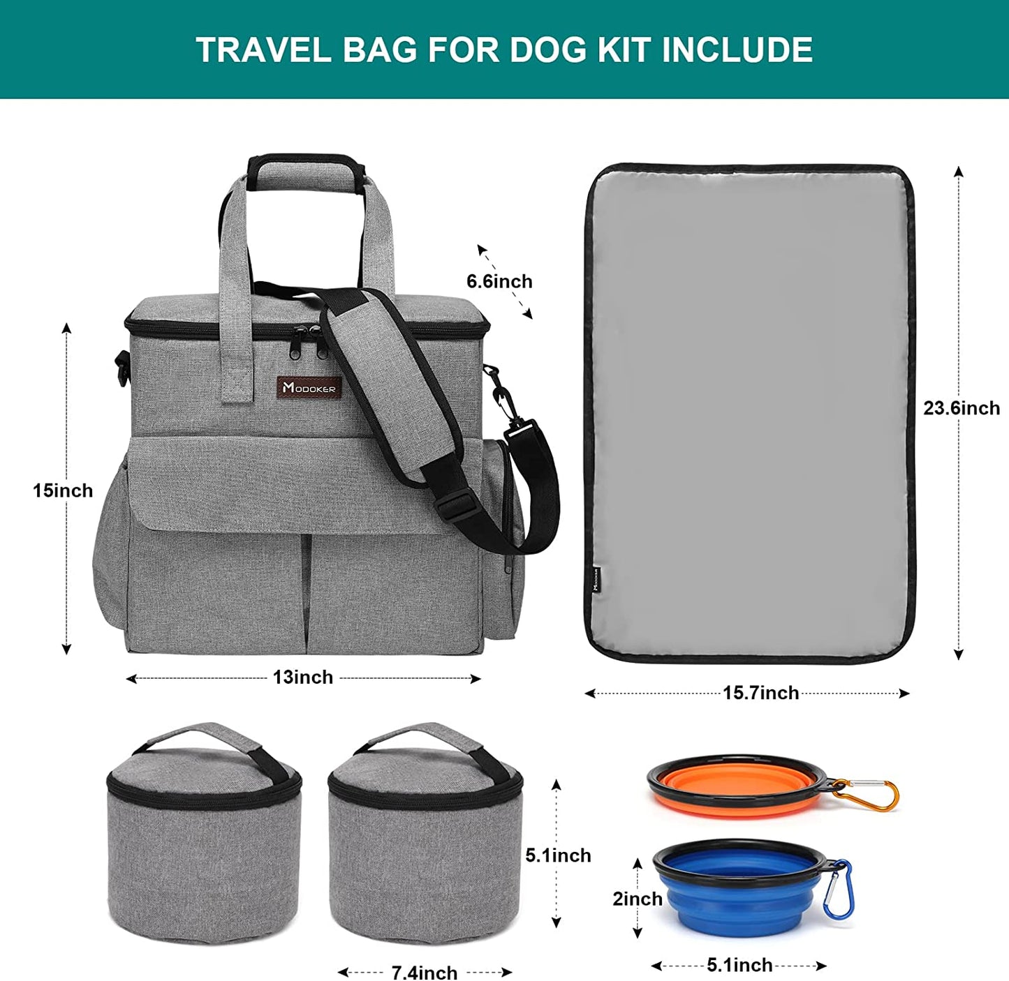 Premium Pet Travel Bag: Airline-Approved Weekend Set for Dogs and Cats with Multi-Functional Pockets, Food Storage Containers, Collapsible Bowls, and Feeding Mat (Grey)