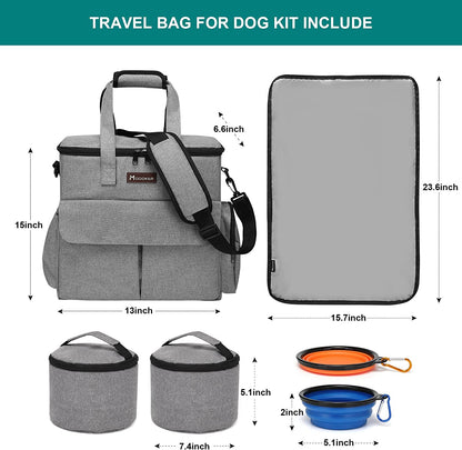 Premium Pet Travel Bag: Airline-Approved Weekend Set for Dogs and Cats with Multi-Functional Pockets, Food Storage Containers, Collapsible Bowls, and Feeding Mat (Grey)