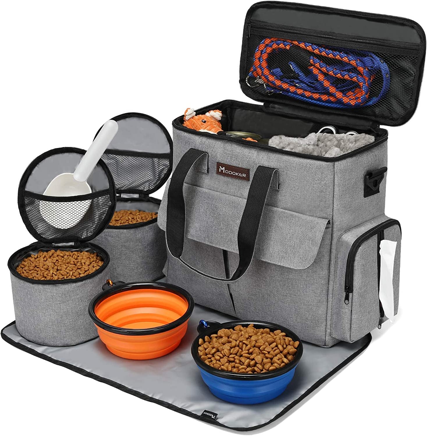Premium Pet Travel Bag: Airline-Approved Weekend Set for Dogs and Cats with Multi-Functional Pockets, Food Storage Containers, Collapsible Bowls, and Feeding Mat (Grey)