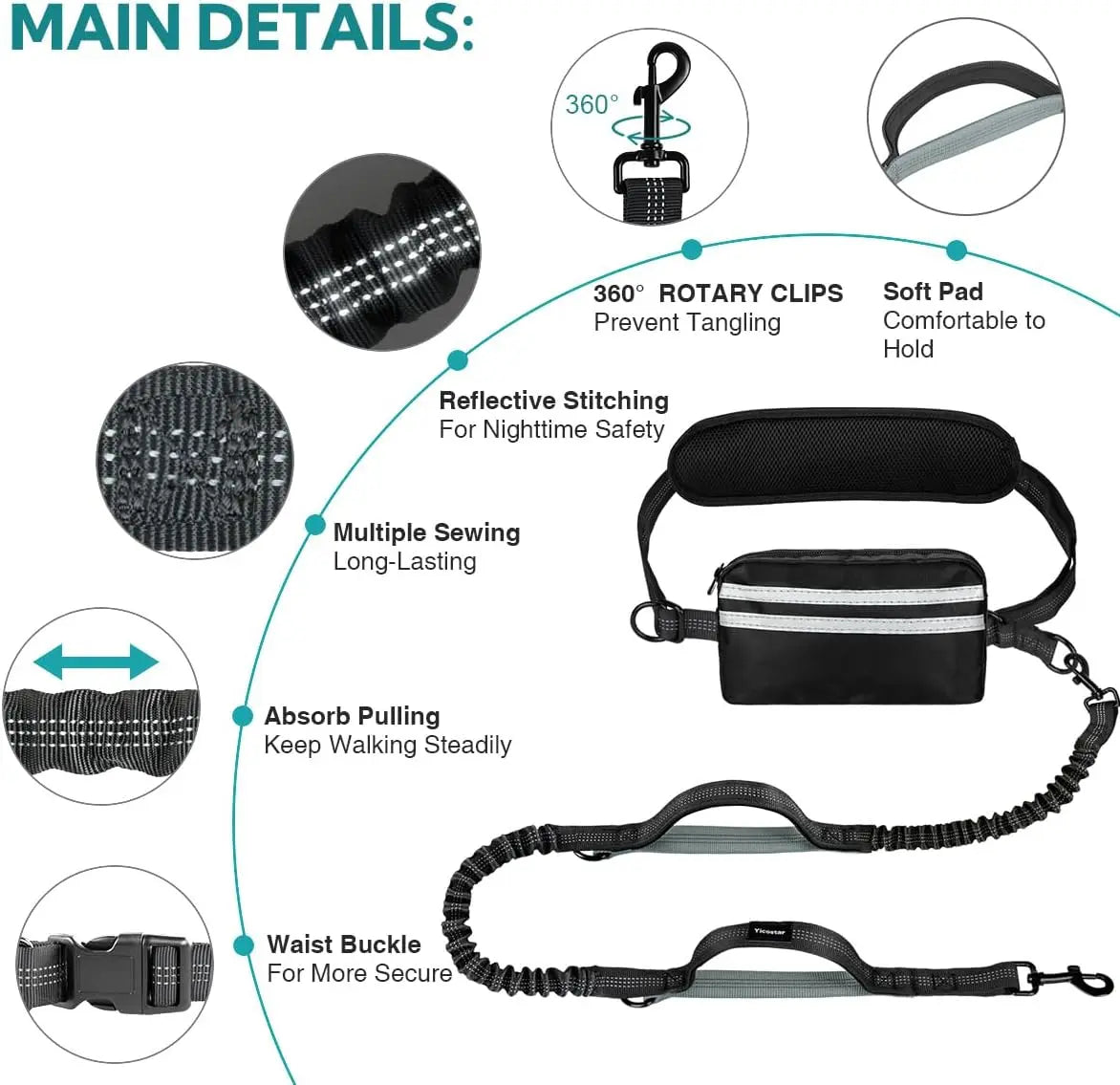Pipidodo Hands-Free Dual Dog Leash with Waist Bag and Cushioned Pad - Effortless and Tangle-Free Walking for Two Dogs