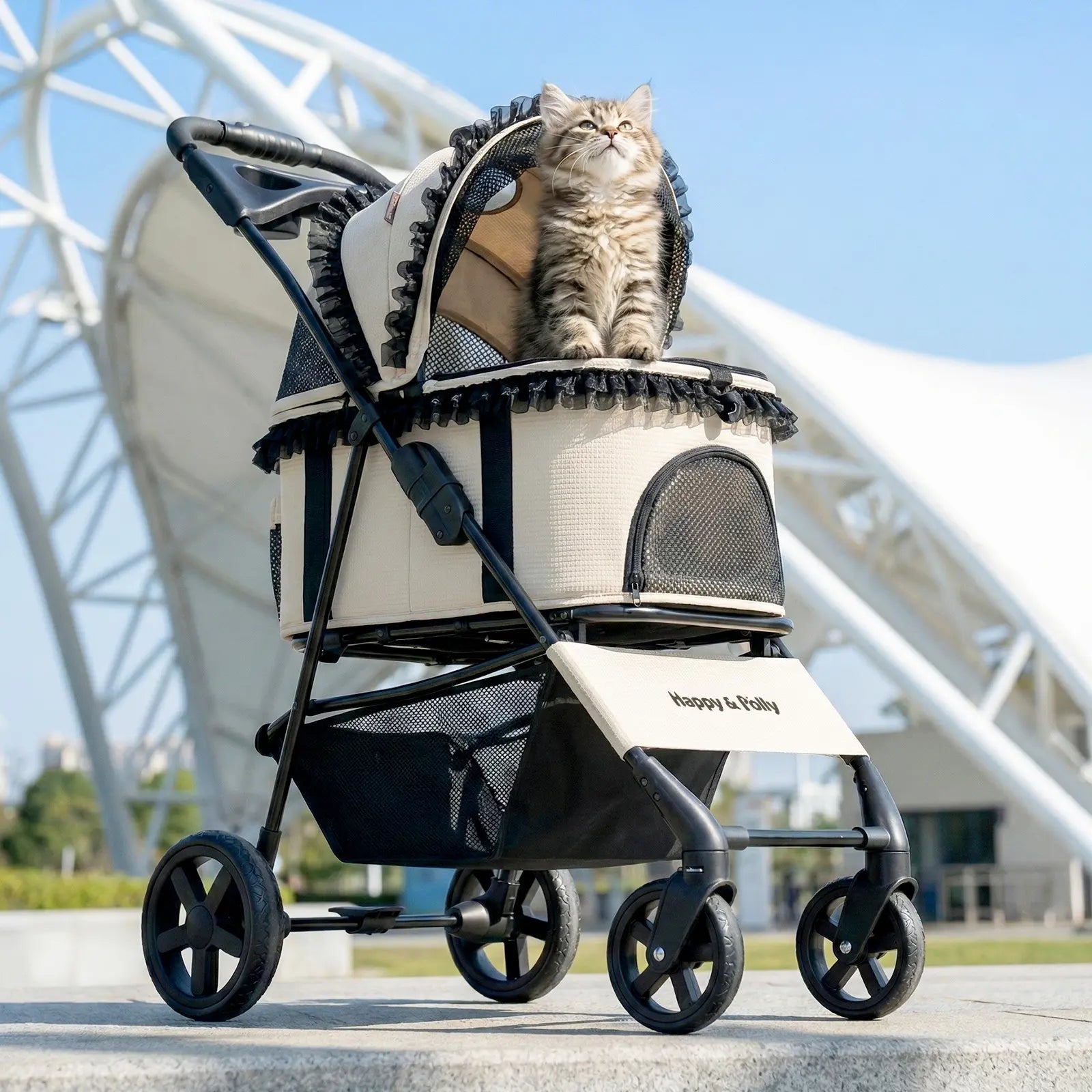 Happy & Polly Foldable Pet Stroller with Detachable Carrier - Compact & Portable for Easy Travel