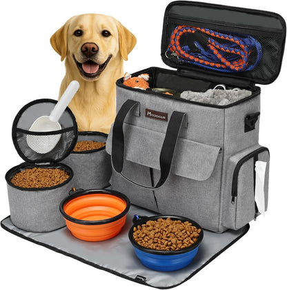 Premium Pet Travel Bag: Airline-Approved Weekend Set for Dogs and Cats with Multi-Functional Pockets, Food Storage Containers, Collapsible Bowls, and Feeding Mat (Grey)