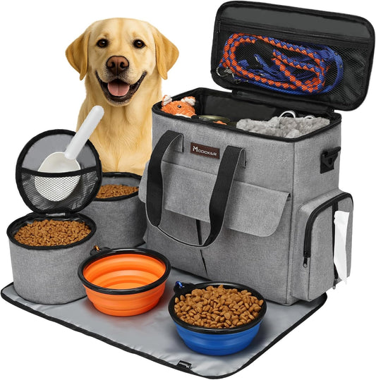 Premium Pet Travel Bag: Airline-Approved Weekend Set for Dogs and Cats with Multi-Functional Pockets, Food Storage Containers, Collapsible Bowls, and Feeding Mat (Grey)