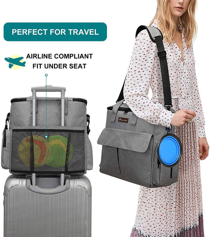 Premium Pet Travel Bag: Airline-Approved Weekend Set for Dogs and Cats with Multi-Functional Pockets, Food Storage Containers, Collapsible Bowls, and Feeding Mat (Grey)