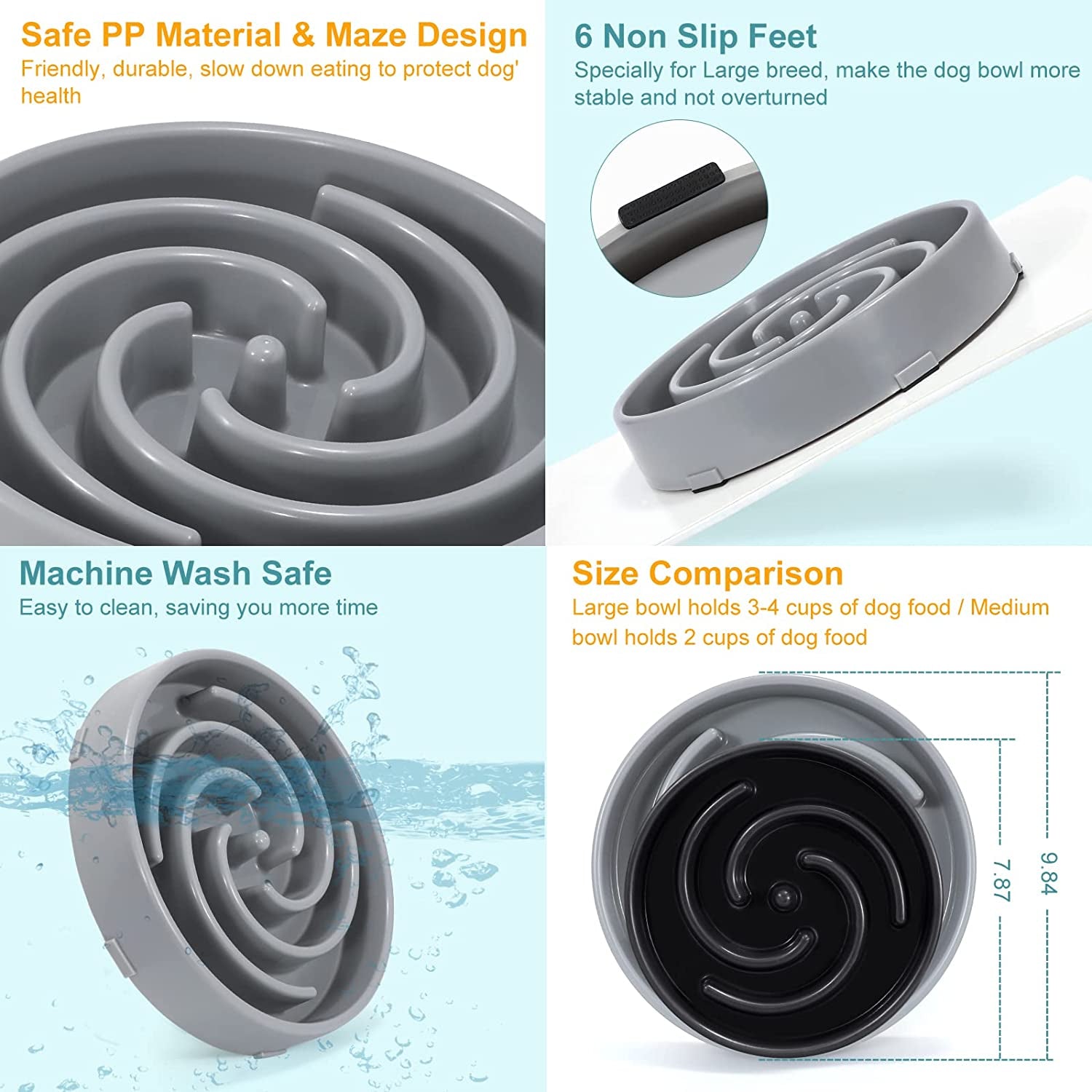 Large Non-Slip Slow Feeder Dog Bowl for Medium to Large Breeds - Interactive Maze Puzzle Design to Prevent Bloating and Choking, Light Gray