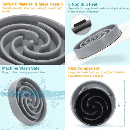 Large Non-Slip Slow Feeder Dog Bowl for Medium to Large Breeds - Interactive Maze Puzzle Design to Prevent Bloating and Choking, Light Gray