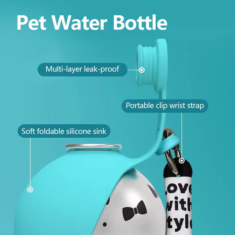 Ihubei 304 Stainless Steel Pet Water Bottle with Foldable Food-Grade Silicone Bowl for Dogs and Cats - Stylish and Portable Hydration Solution for Travel, Walks, and Hiking (285ml)